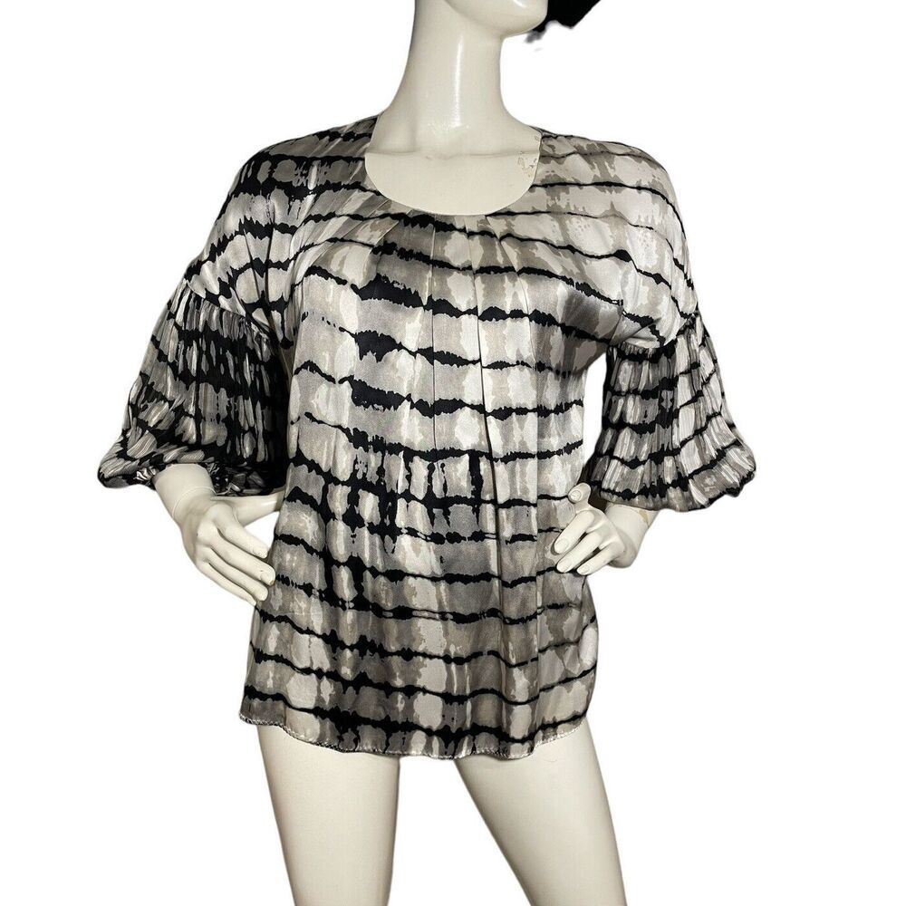 Poleci Silk Blouse Women’s Size‎ 4 Pleat Balloon Sleeve Lined Neutral Black Gray
